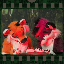 Eurofurence 2023 fursuit photoshoot. Preview picture of Polycrow, Ruby, Stainy